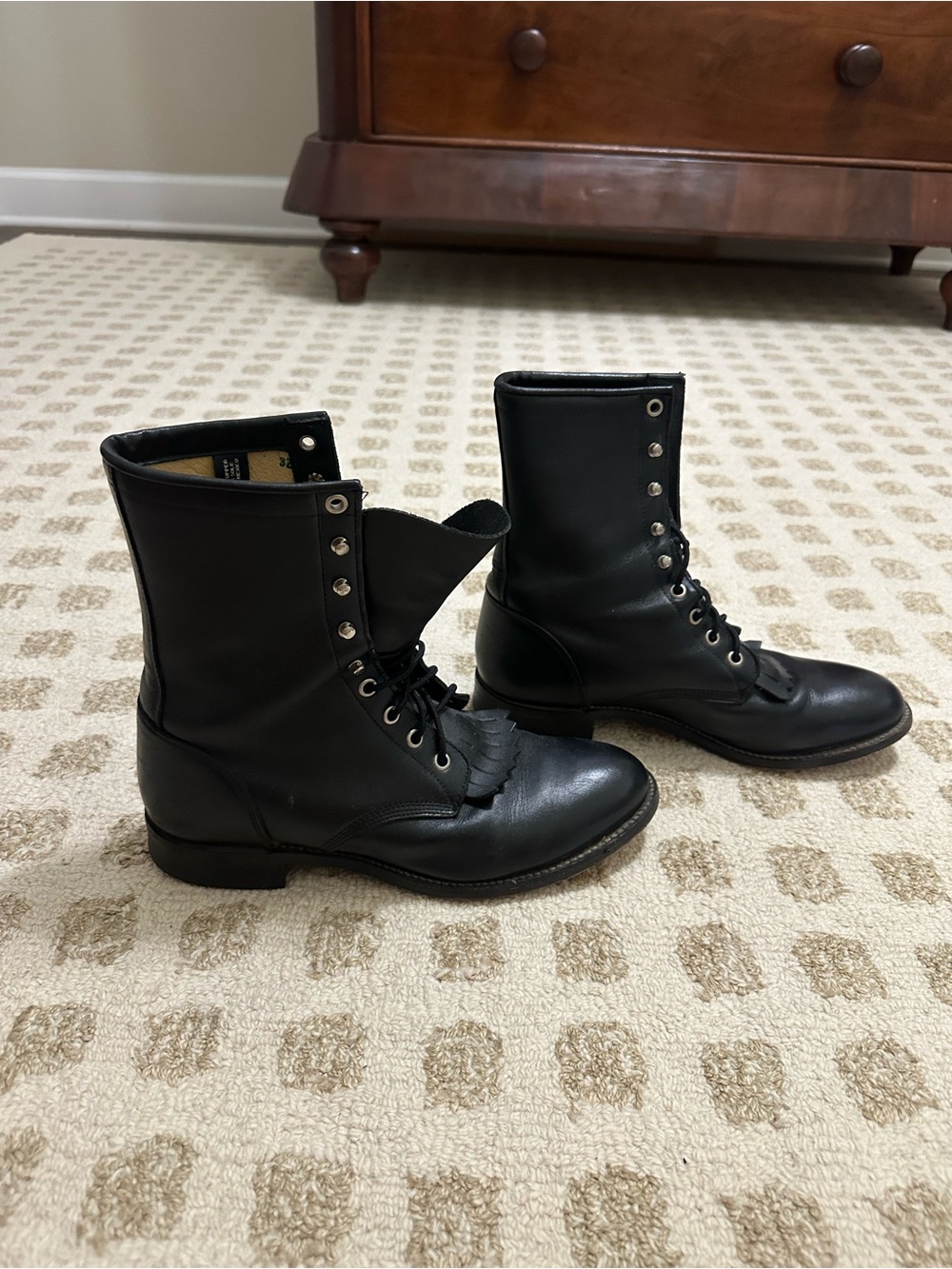 Justin Boots Black Leather Lace-Up Kiltie Ankle Boots - Picture 3 of 5